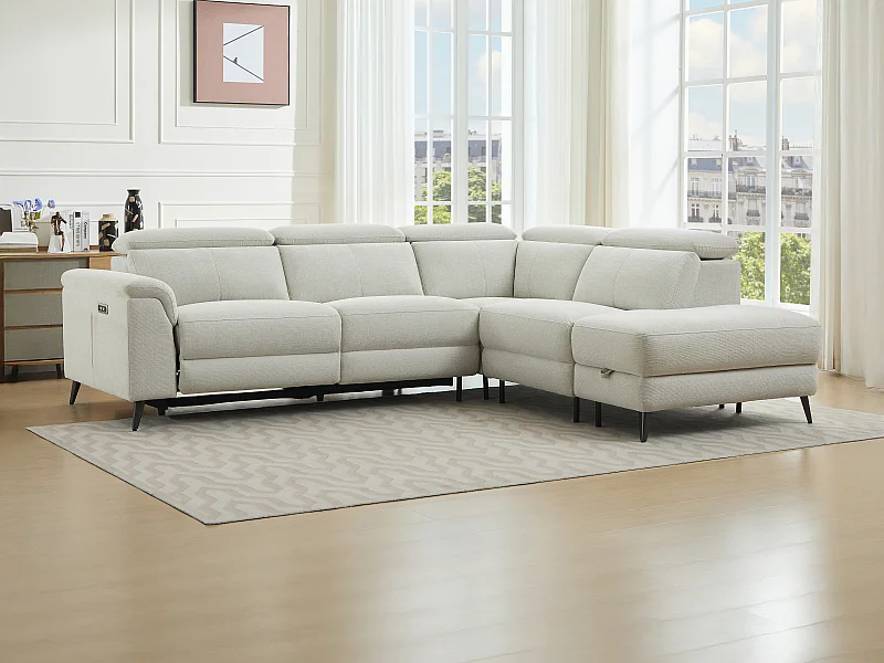 Canapé d'angle droit relax électrique en tissu beige MAKORO
