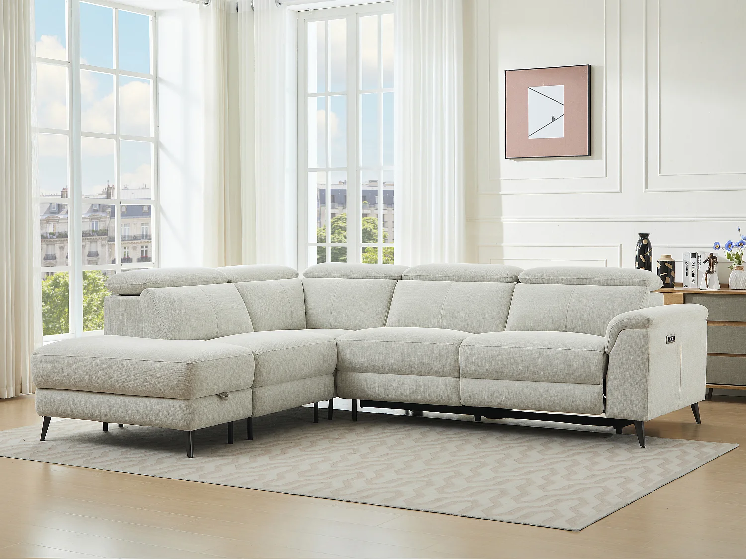 Canapé d'angle gauche relax électrique en tissu beige MAKORO
