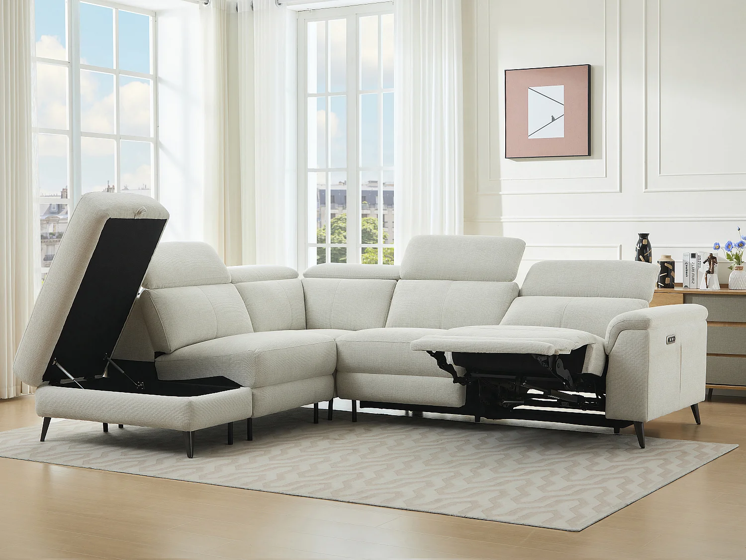 Canapé d'angle gauche relax électrique en tissu beige MAKORO