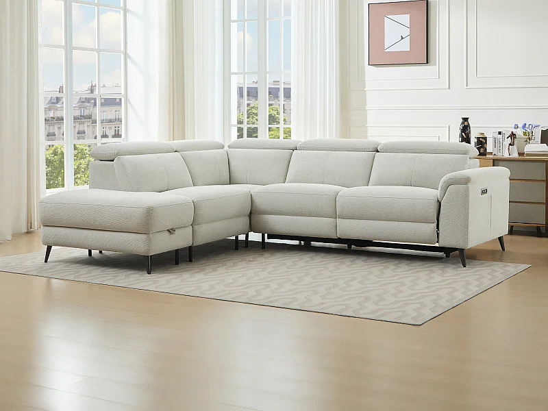 Canapé d'angle gauche relax électrique en tissu beige MAKORO