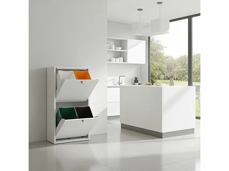 Cubo de basura para la cocina - Cubo de reciclaje - 4 compartimentos de 20L -51,7(ancho)x91,7(alto)x27,3(fondo) cm. - Blanco - EMI