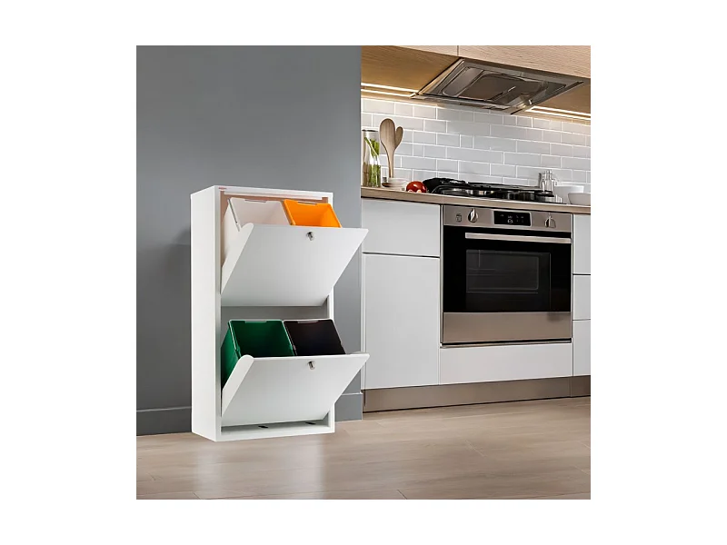 Cubo de basura para la cocina - Cubo de reciclaje - 4 compartimentos de 20L -51,7(ancho)x91,7(alto)x27,3(fondo) cm. - Blanco - EMI