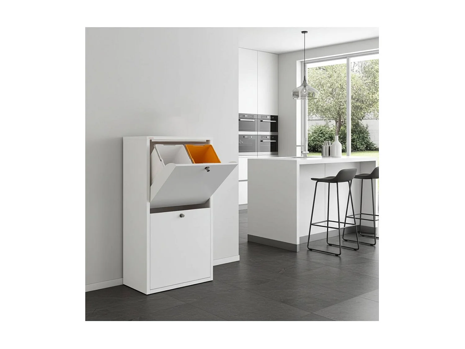 Küchenabfalleimer - Mülltrennungssystem mit 4 Fächern à 20 Litern - Maße: 51,7 cm (B) x 91,7 cm (H) x 27,3 cm (T) - Farbe: Weiß - EMI