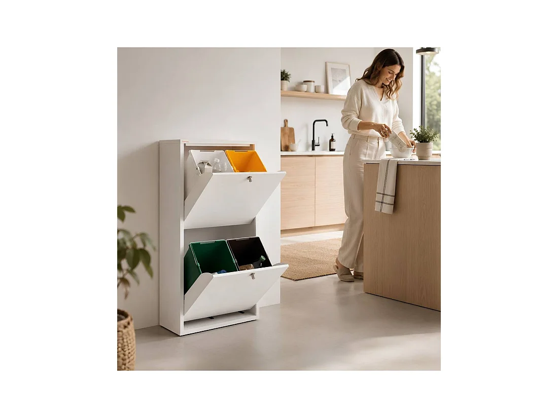 Cubo de basura para la cocina - Cubo de reciclaje - 4 compartimentos de 20L -51,7(ancho)x91,7(alto)x27,3(fondo) cm. - Blanco - EMI