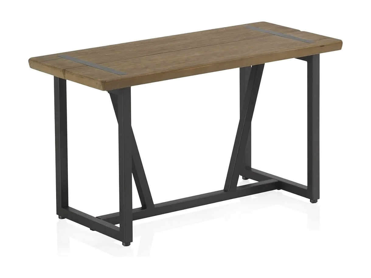 Banco metálico pequeno con asiento de madera