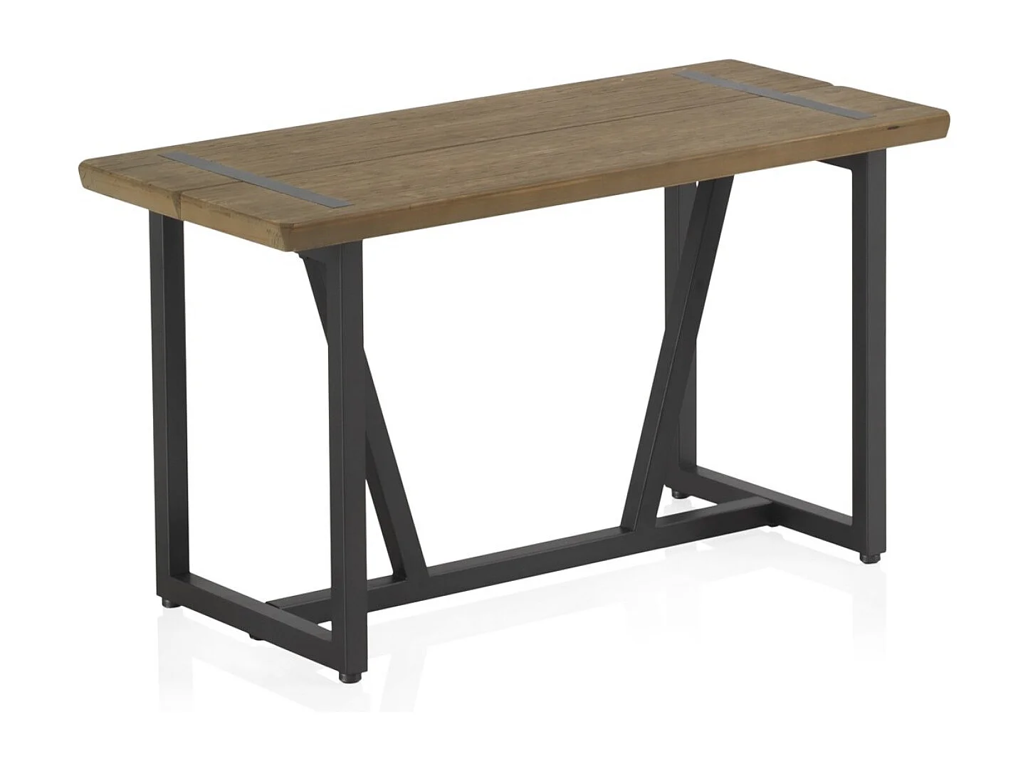 Kleine metalen bank met houten zitting