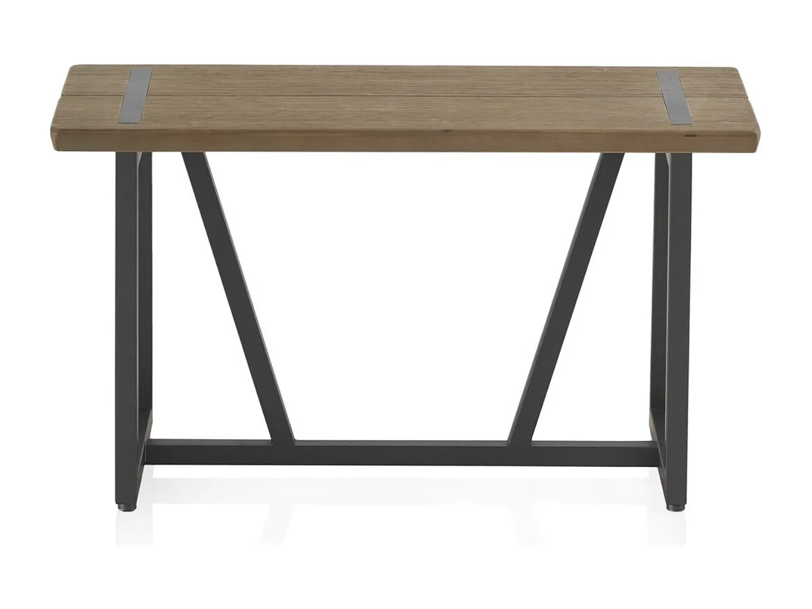 Kleine metalen bank met houten zitting