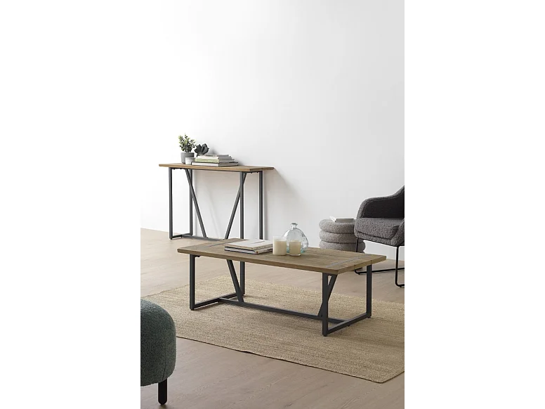 Mesa de centro metálica com tampo de madeira