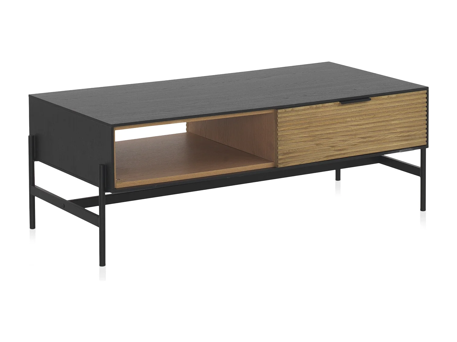 Mesa de centro chapada en fresno color negro y patas metálicas negras