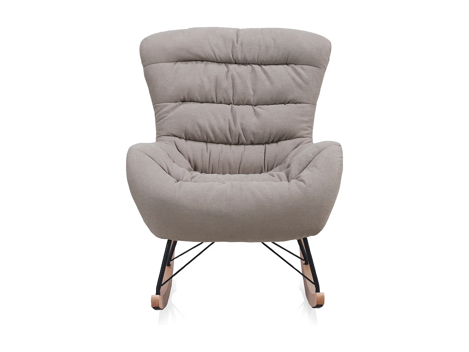 Beige schommelstoel, metalen poten en sledeonderstel van beukenhout