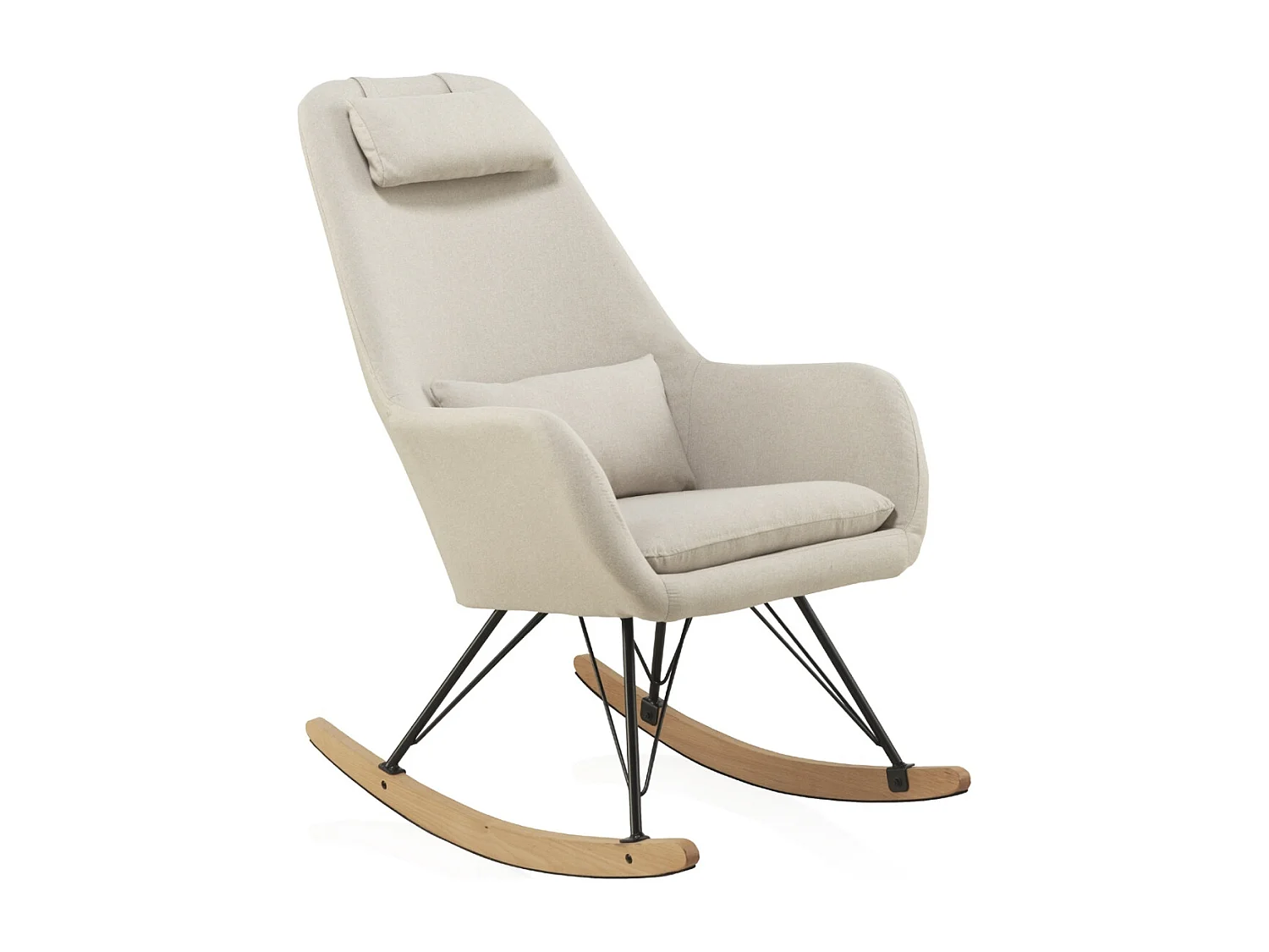 Fauteuil à bascule tapissé, pieds en métal et piétement luge en hêtre