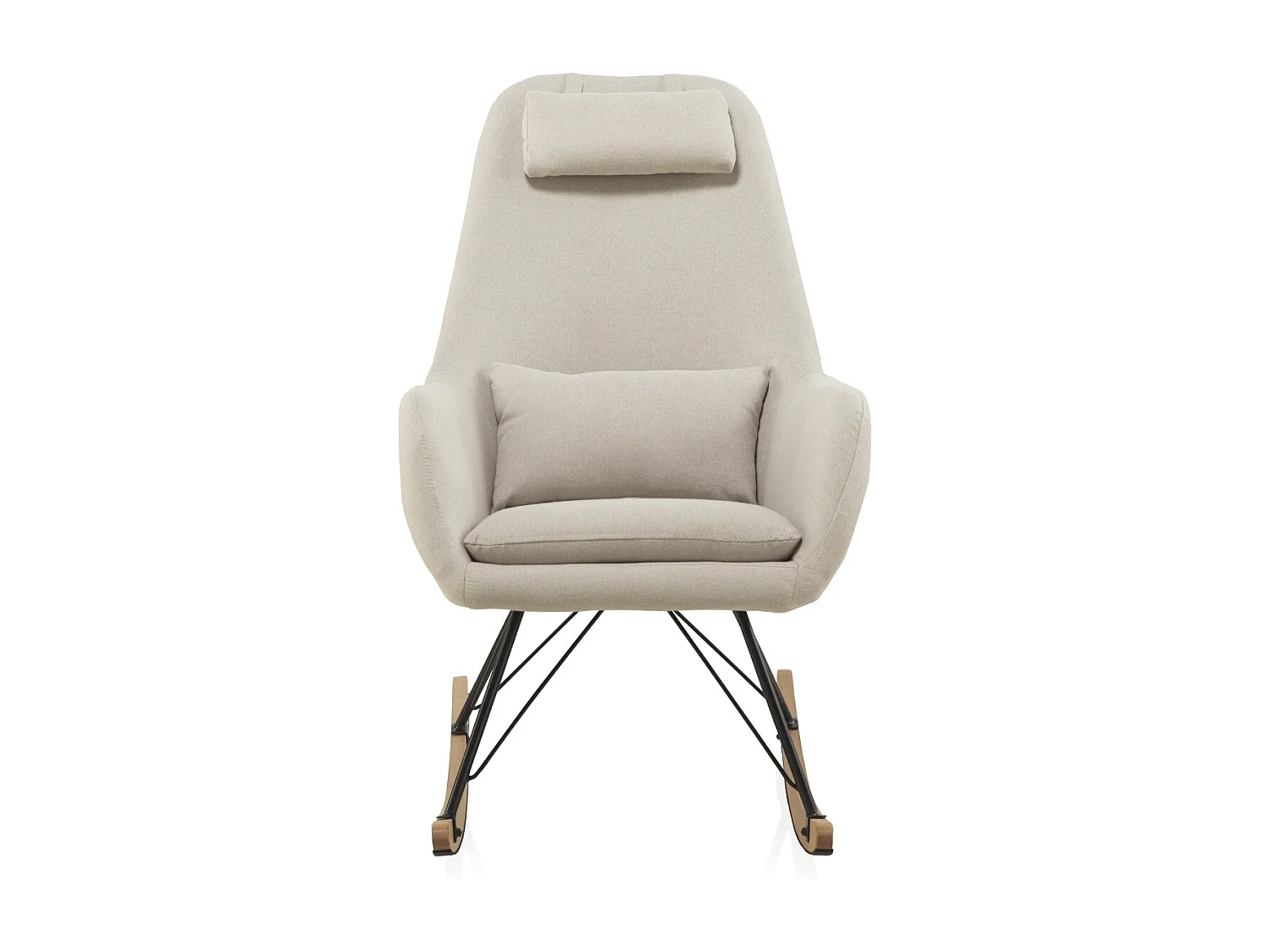 Fauteuil à bascule tapissé, pieds en métal et piétement luge en hêtre