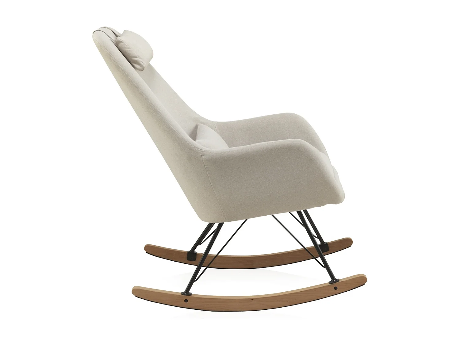 Fauteuil à bascule tapissé, pieds en métal et piétement luge en hêtre