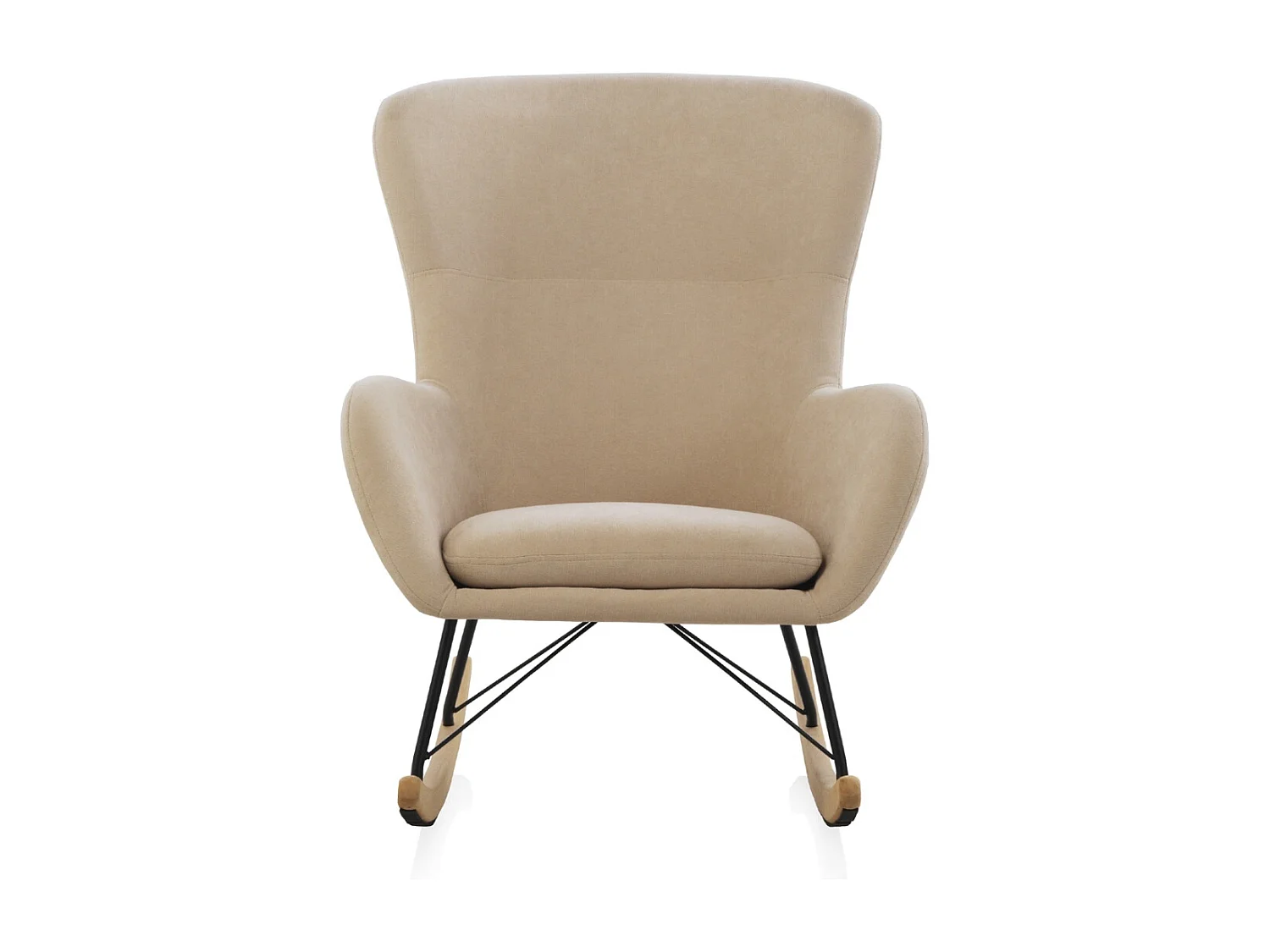 Fauteuil à bascule beige, pieds en métal et piétement luge en hêtre