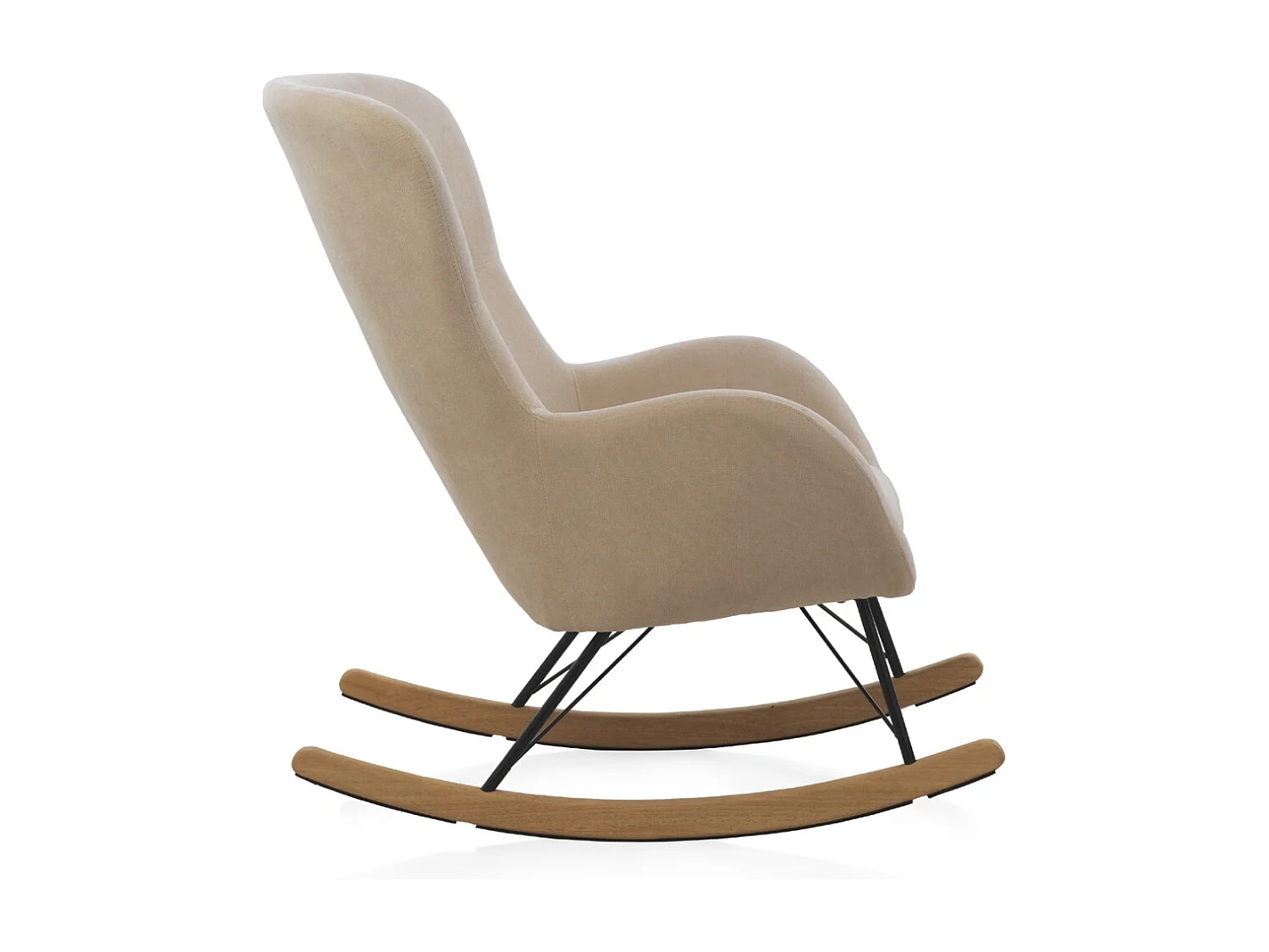 Fauteuil à bascule beige, pieds en métal et piétement luge en hêtre