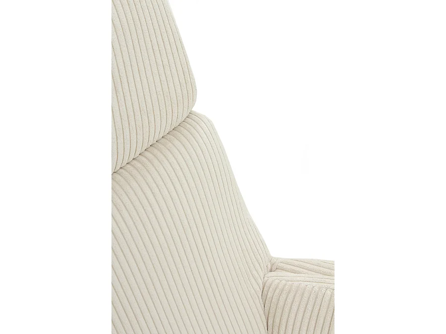 Cadeira de baloiço estofada a bombazina branca, pernas metálicas e base em trenó de madeira de faia.