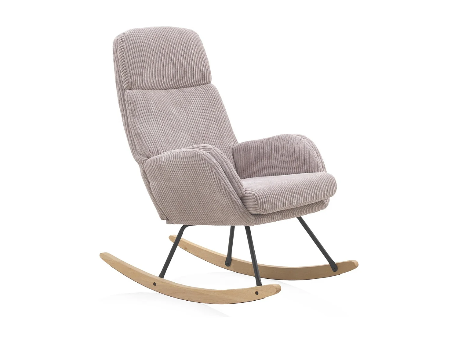 Sedia a dondolo imbottita, gambe in metallo e base a slitta in legno.