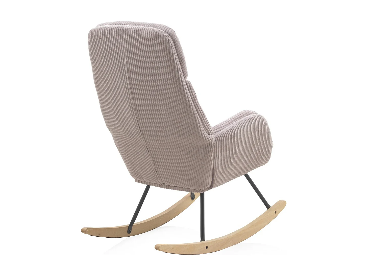 Sedia a dondolo imbottita, gambe in metallo e base a slitta in legno.