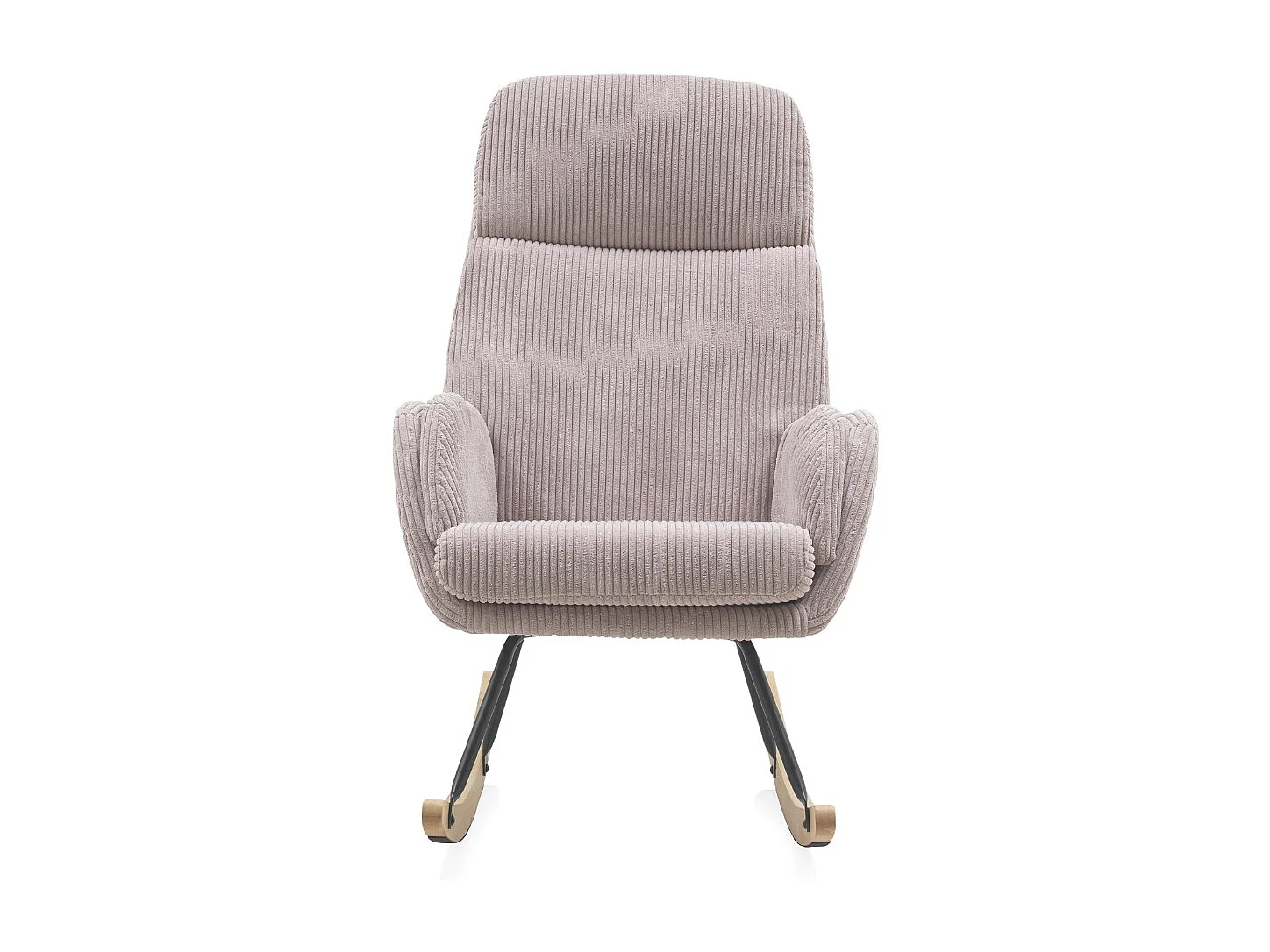 Cadeira de baloiço estofada a bombazina cor-de-rosa lavanda, pernas de metal e base de trenó de madeira.