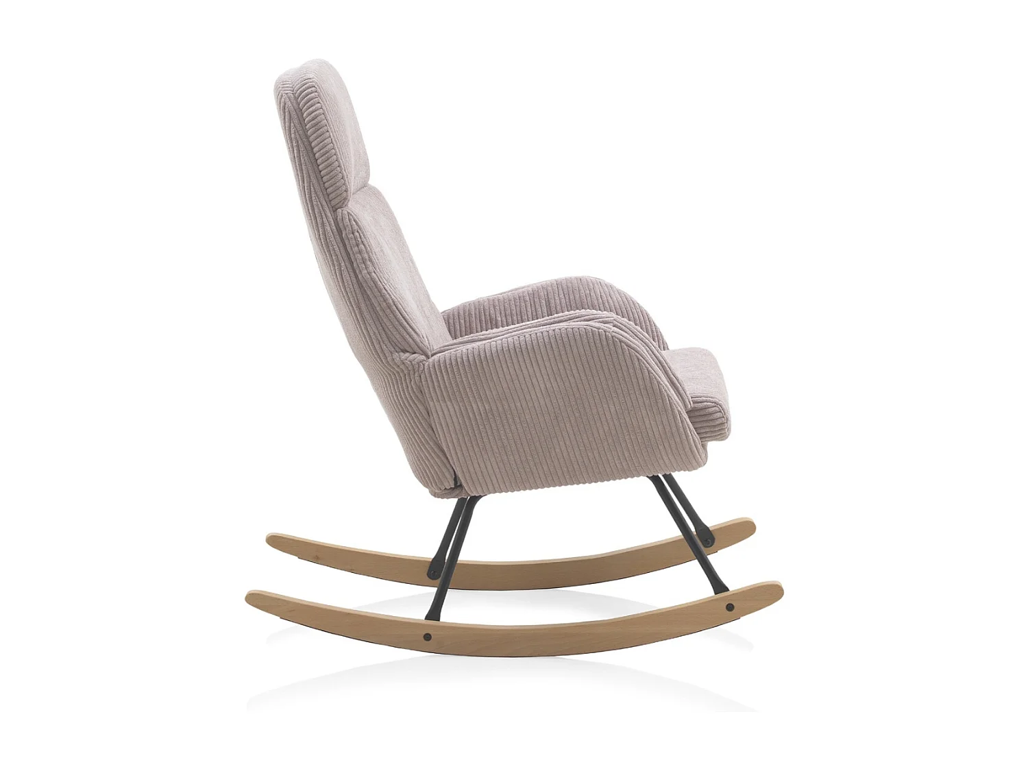 Cadeira de baloiço estofada a bombazina cor-de-rosa lavanda, pernas de metal e base de trenó de madeira.