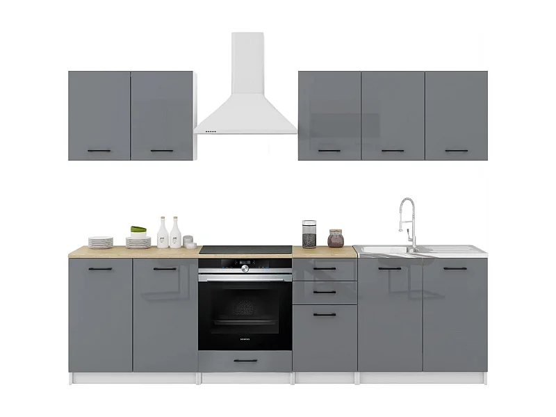 Cuisine Sanclar 7 éléments - gris gris laqué - 2m60 four encastrable