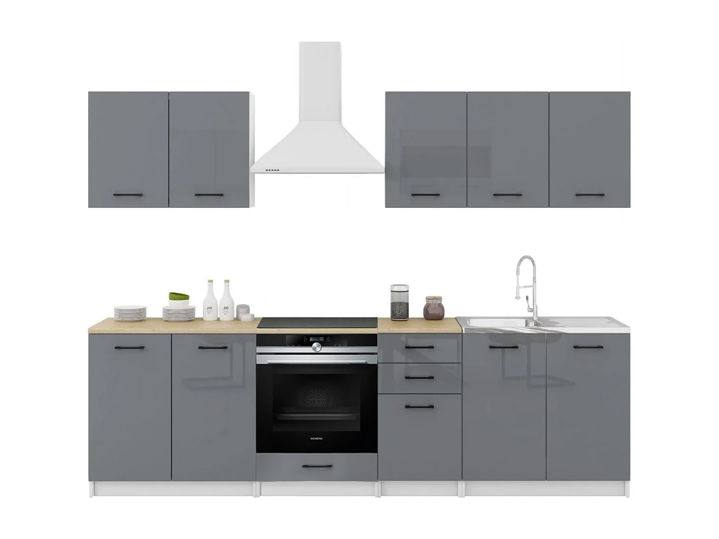 Cuisine Sanclar 7 éléments - gris gris laqué - 2m60 four encastrable