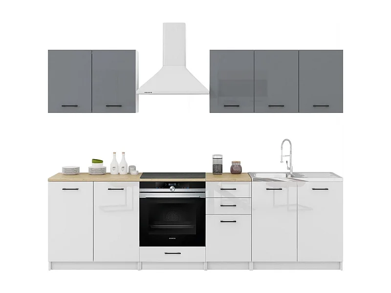 Cuisine Sanclar 7 éléments - haut gris bas blanc laqué - 2m60 four encastrable