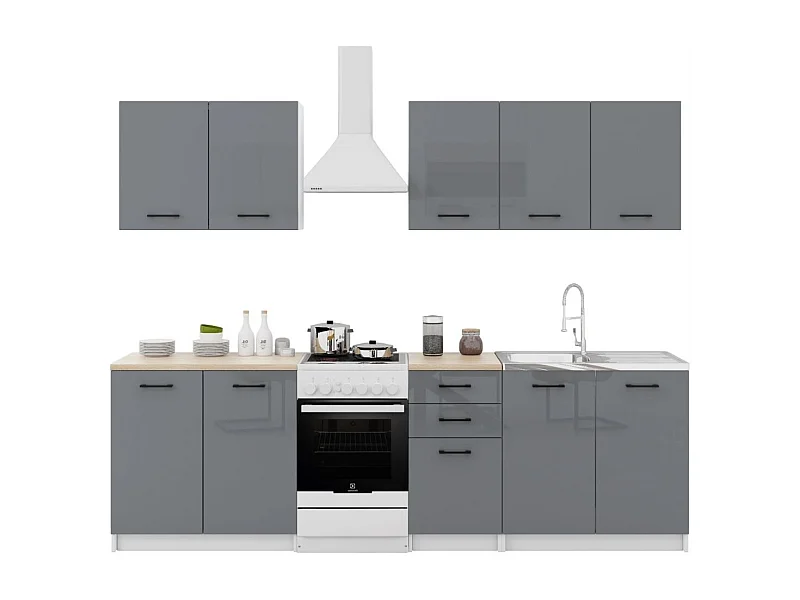 Cuisine Sanclar 6 éléments - gris gris laqué avec poignés noir en 2 metres