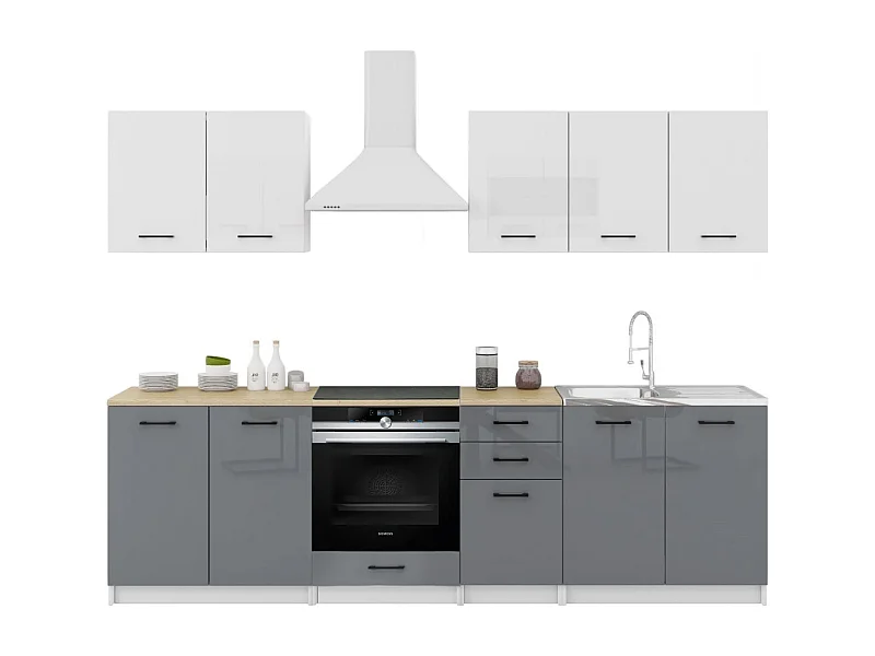 Cuisine Sanclar 7 éléments - haut blanc bas gris laqué - 2m60 four encastrable