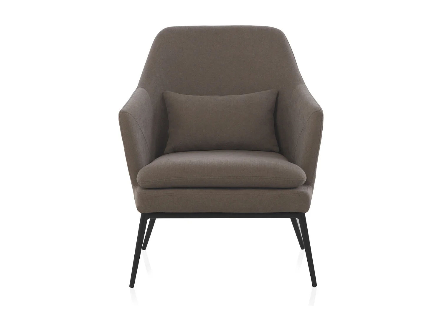 Poltrona imbottita color taupe con cuscino e gambe in metallo nero