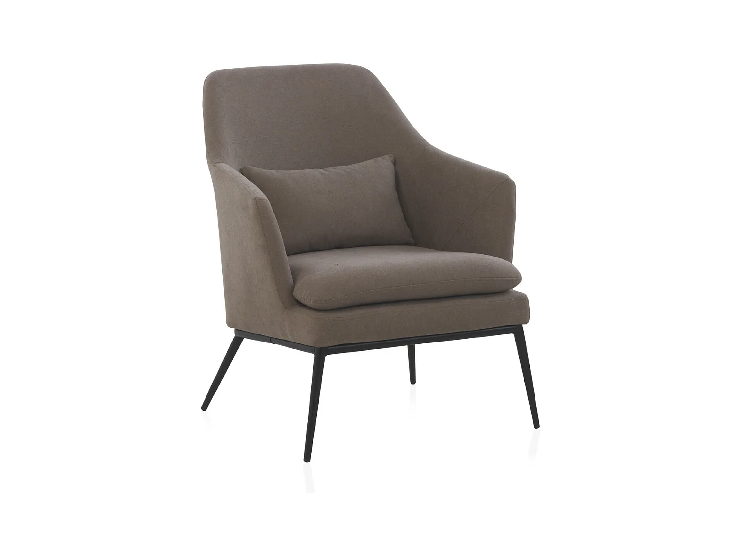 Fauteuil tapissé taupe avec coussin noir et pieds en métal noir