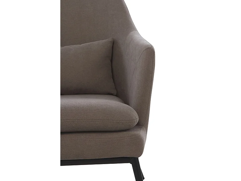 Taupekleurige gestoffeerde fauteuil met zwart kussen en zwarte metalen poten