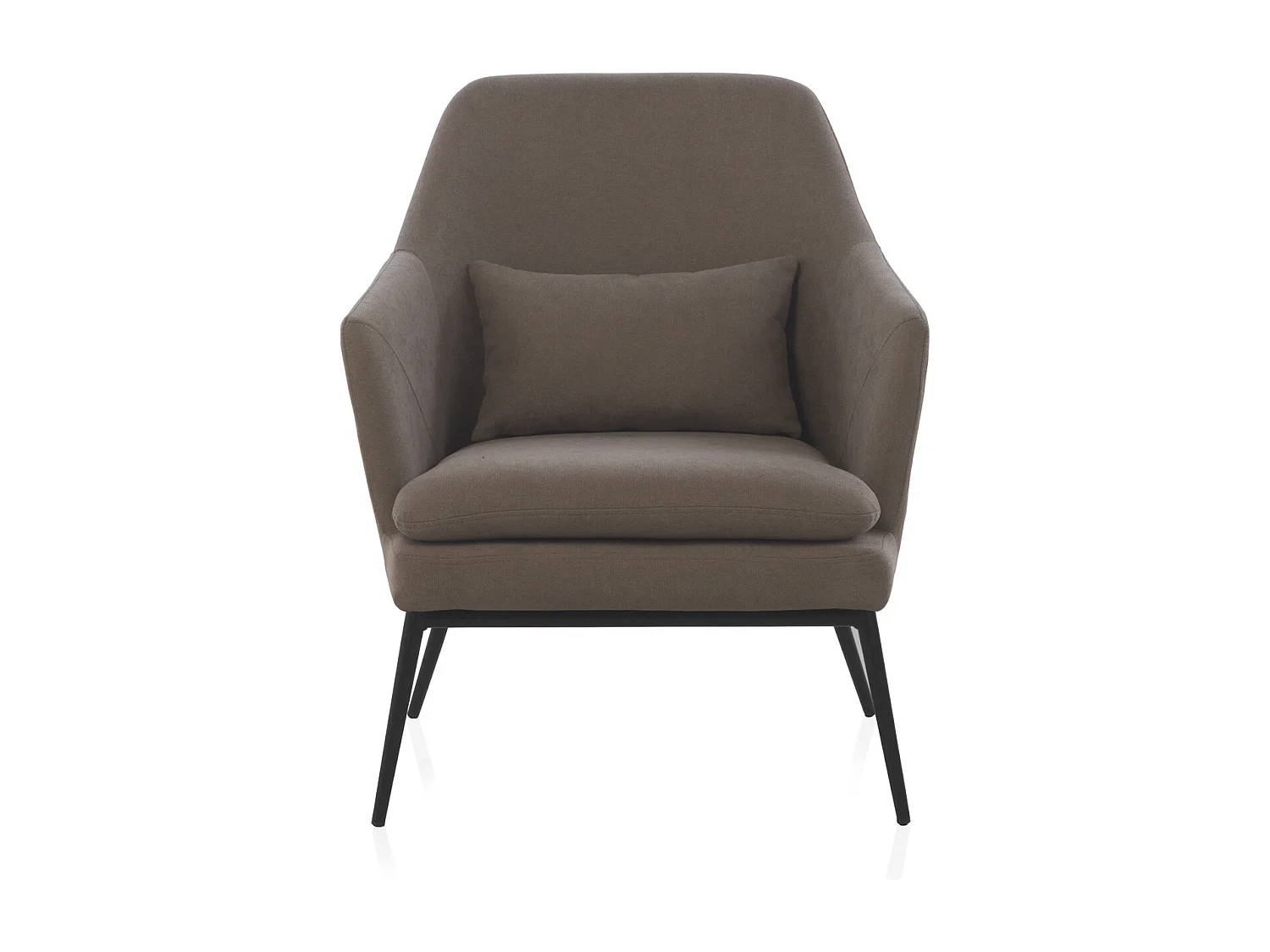 Taupekleurige gestoffeerde fauteuil met zwart kussen en zwarte metalen poten