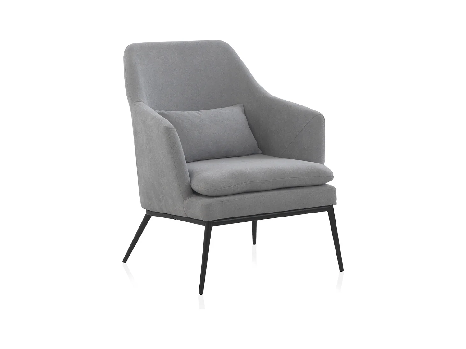 Fauteuil tapissé gris perle avec coussin et pieds en métal noir