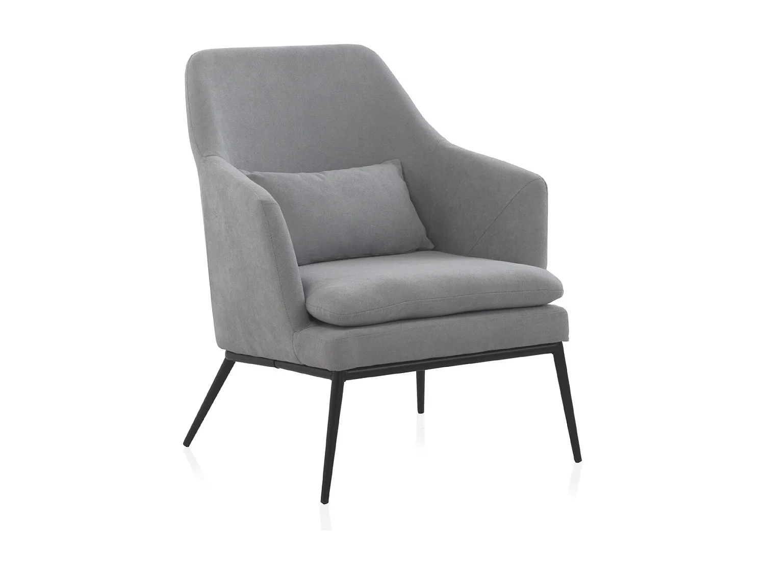 Fauteuil tapissé gris perle avec coussin et pieds en métal noir