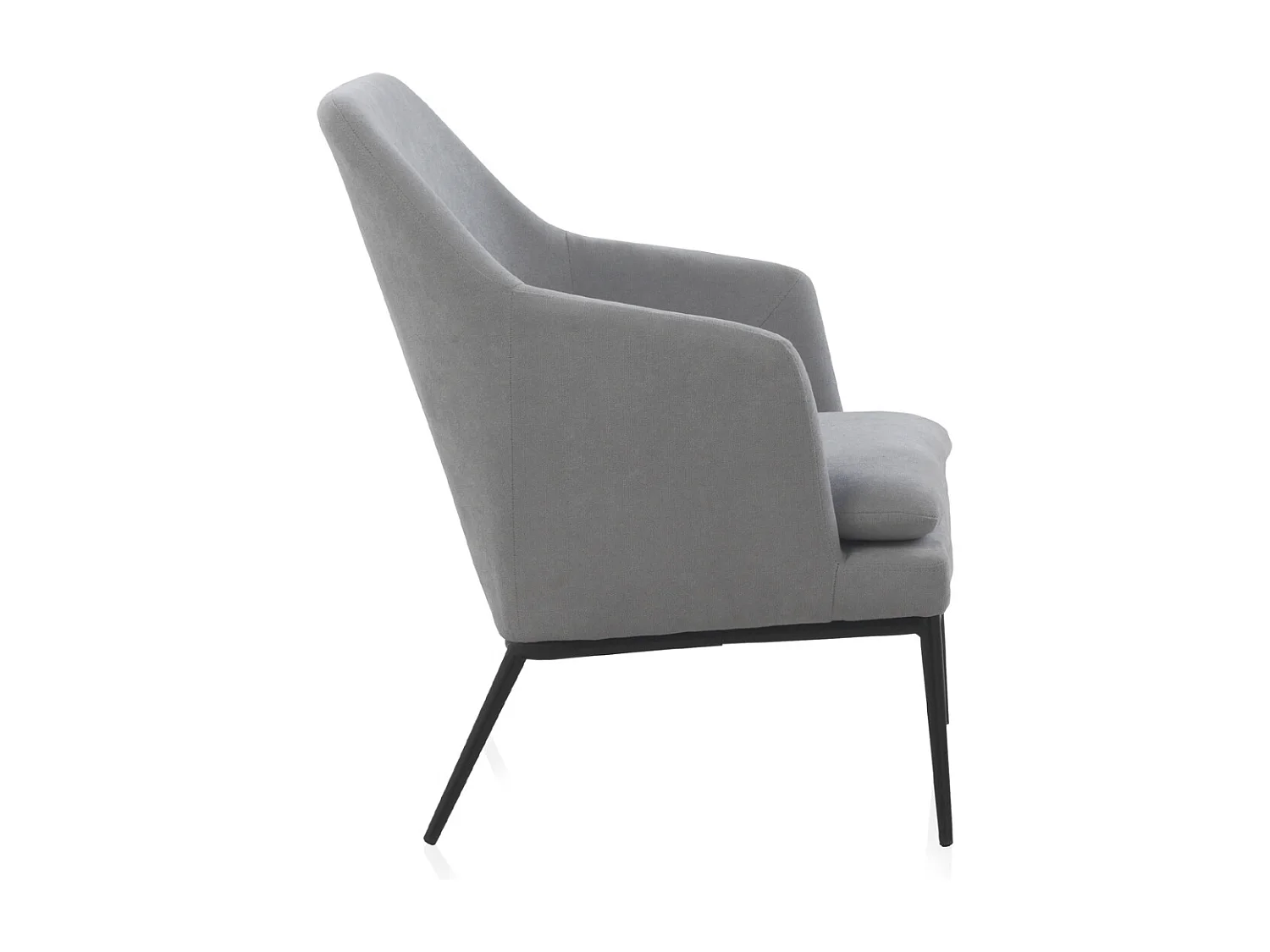 Fauteuil tapissé gris perle avec coussin et pieds en métal noir
