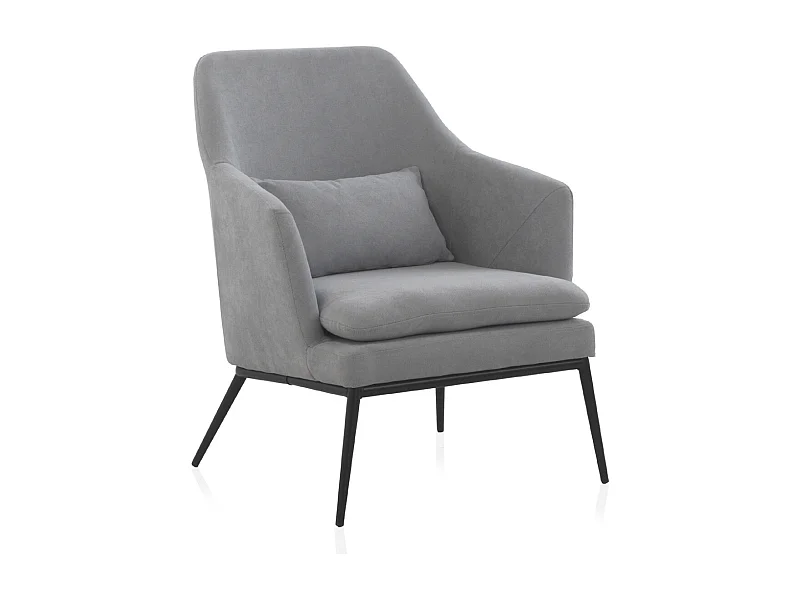 Fauteuil tapissé gris perle avec coussin et pieds en métal noir