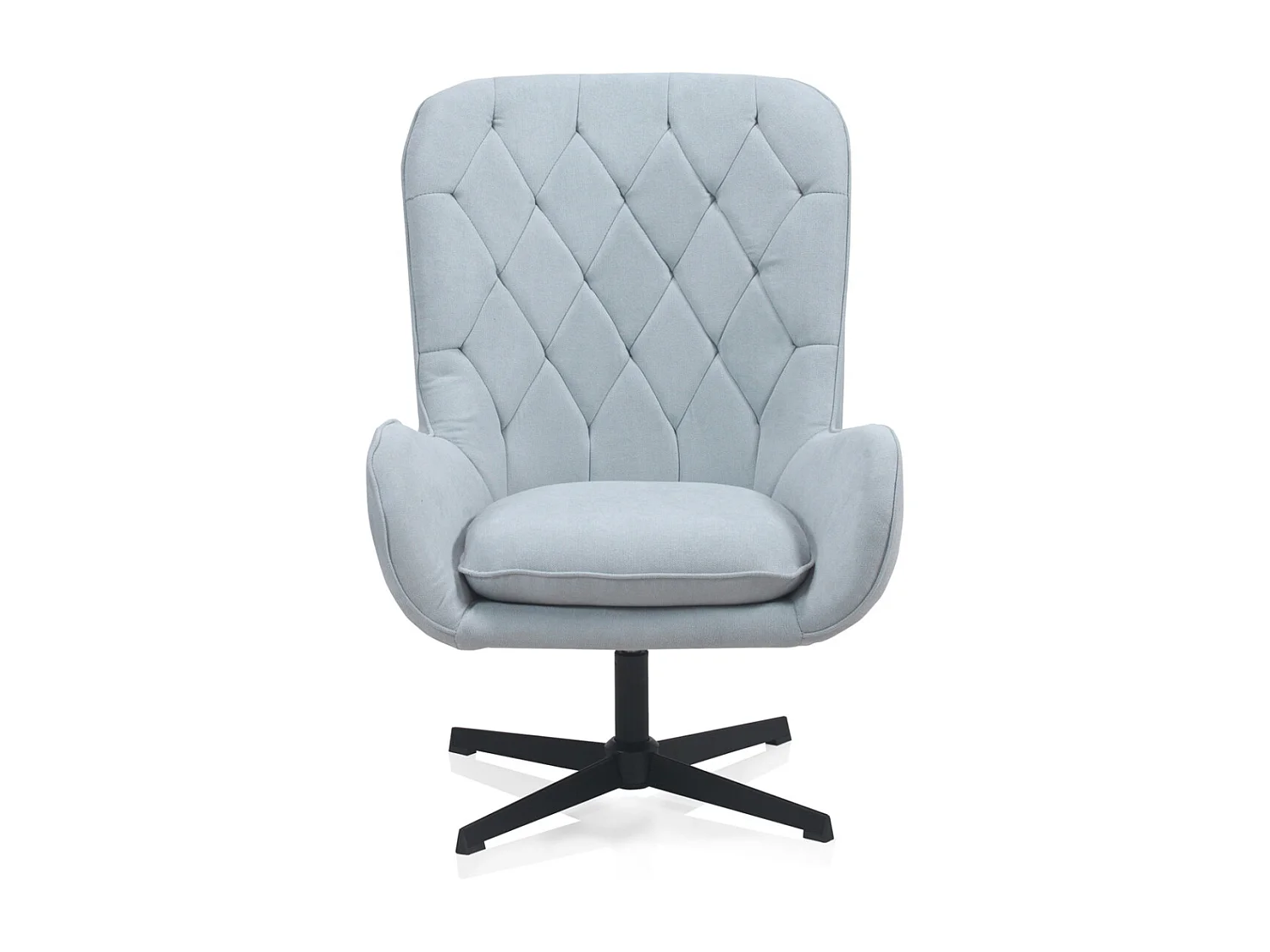 Drehsessel mit hellblau Polsterung und Metallbeine