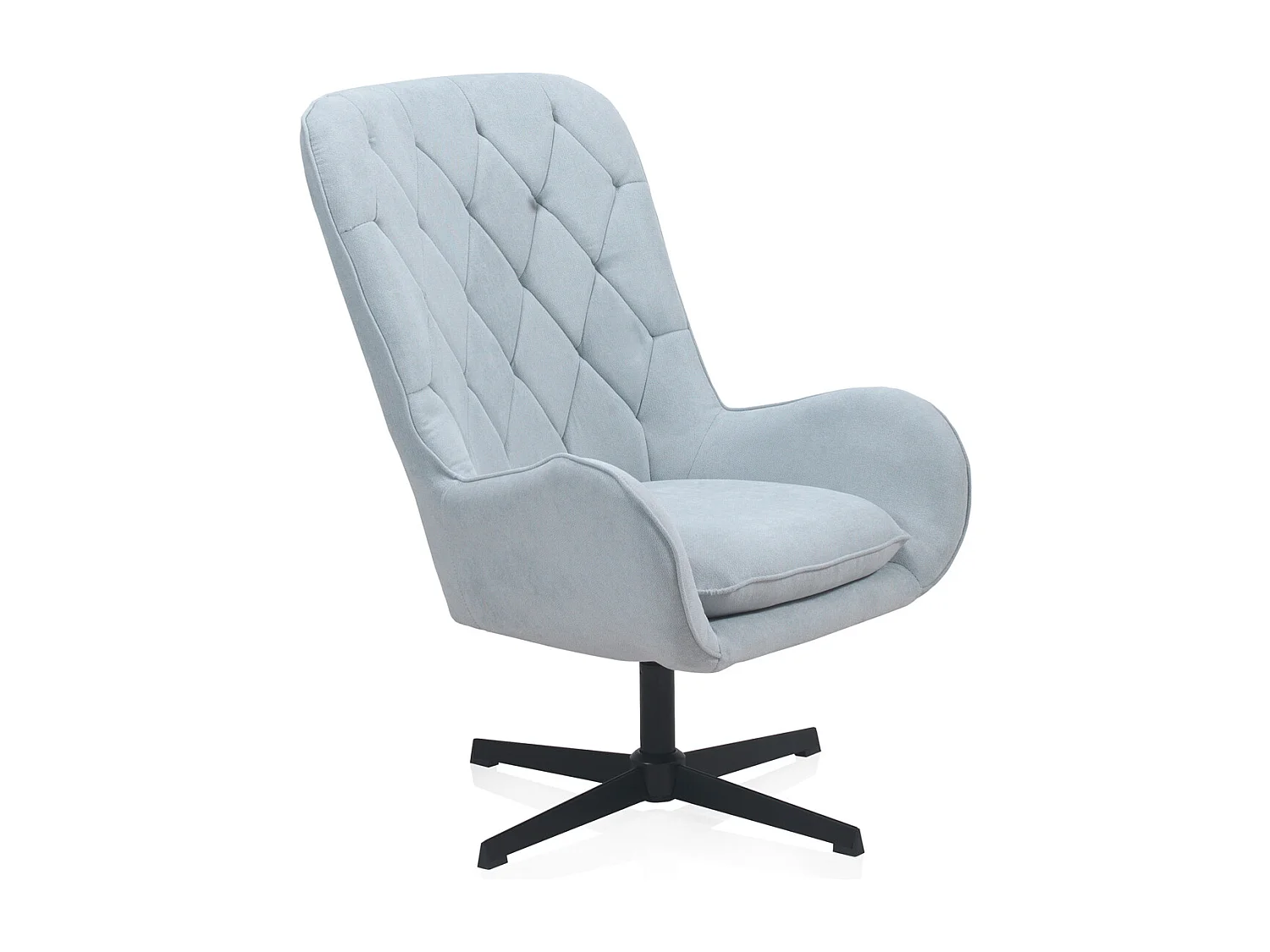 Draaifauteuil met lichtblauwe bekleding en metalen poten