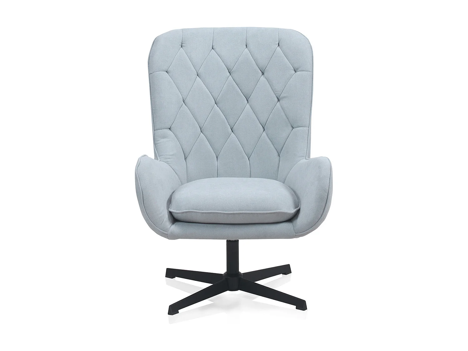 Draaifauteuil met lichtblauwe bekleding en metalen poten