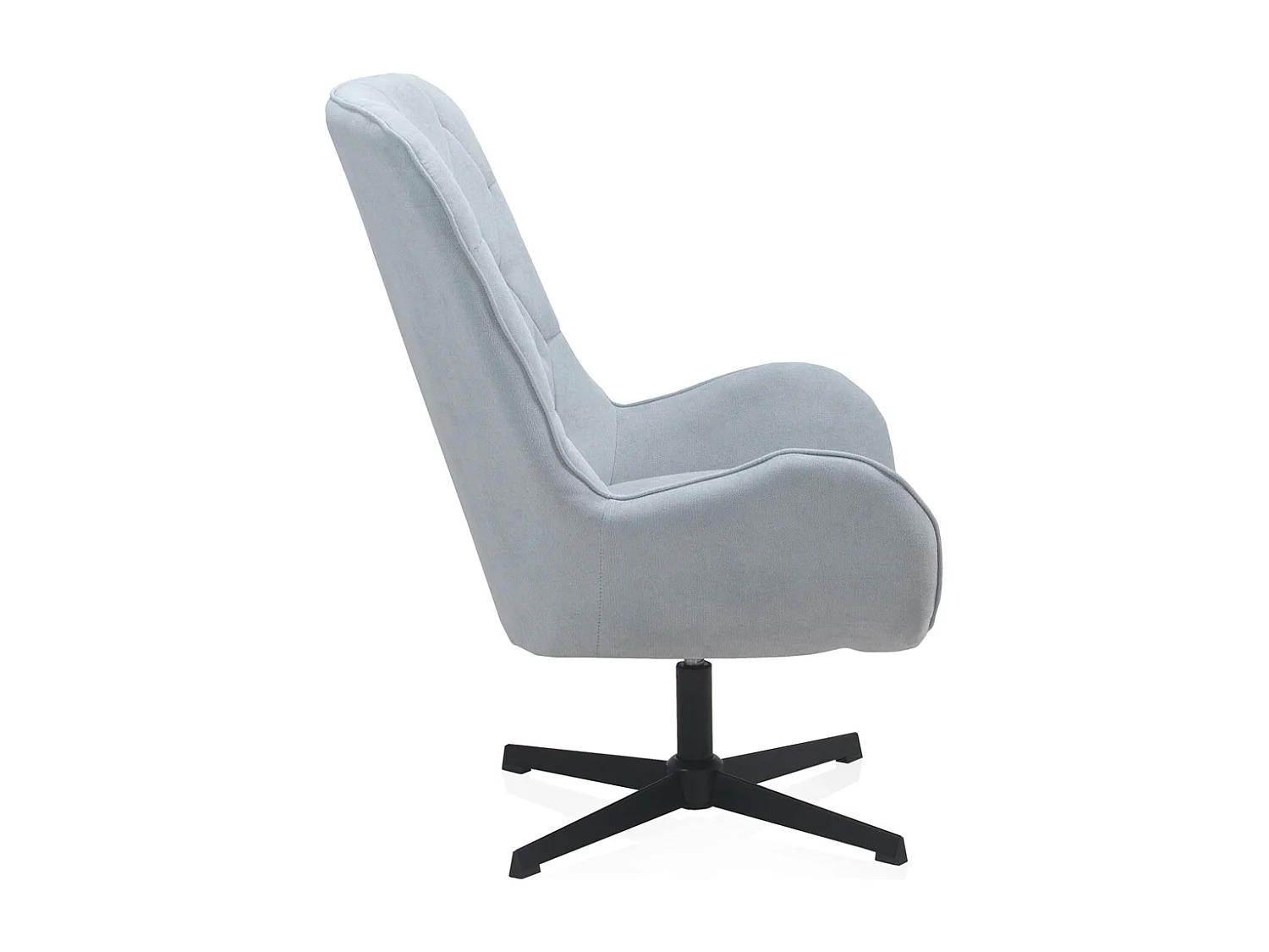 Draaifauteuil met lichtblauwe bekleding en metalen poten