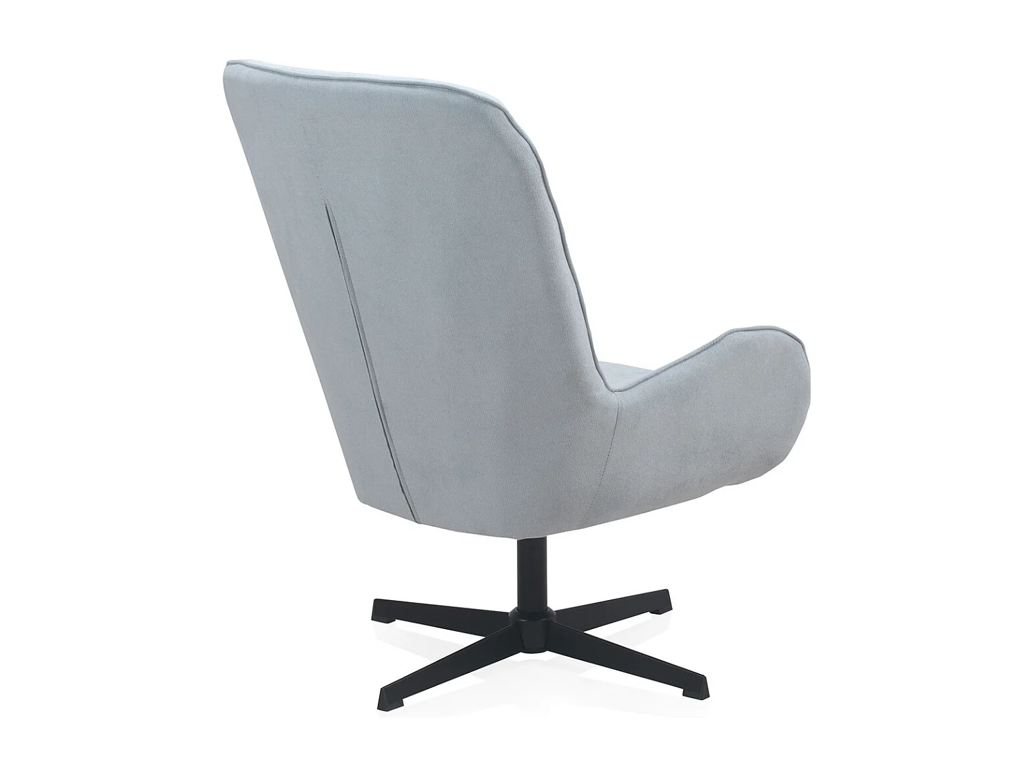 Draaifauteuil met lichtblauwe bekleding en metalen poten