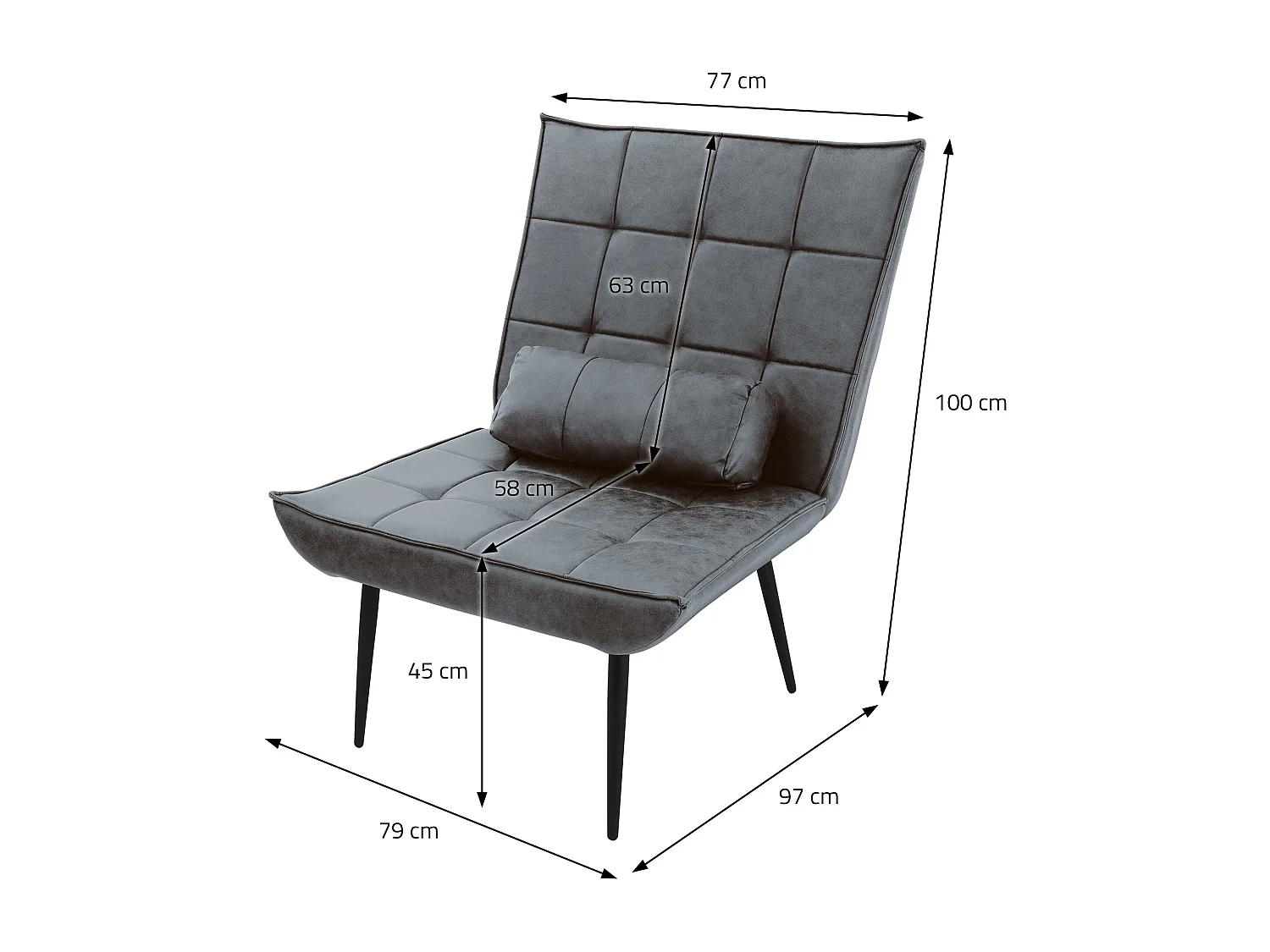 ML-Design Sillón reclinable antracita asiento con revestimiento y patas de metal sofá individual con cojín lumbar mueble tapizado moderno