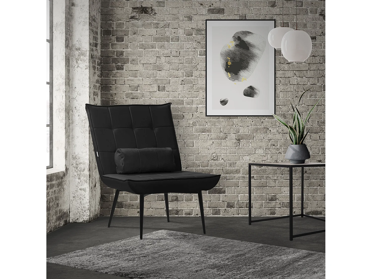 Fauteuil lounge noir avec coussin lombaire chaise rembourré design rétro pieds métalliques canapé d'accentuation individuel de relax ergonomique