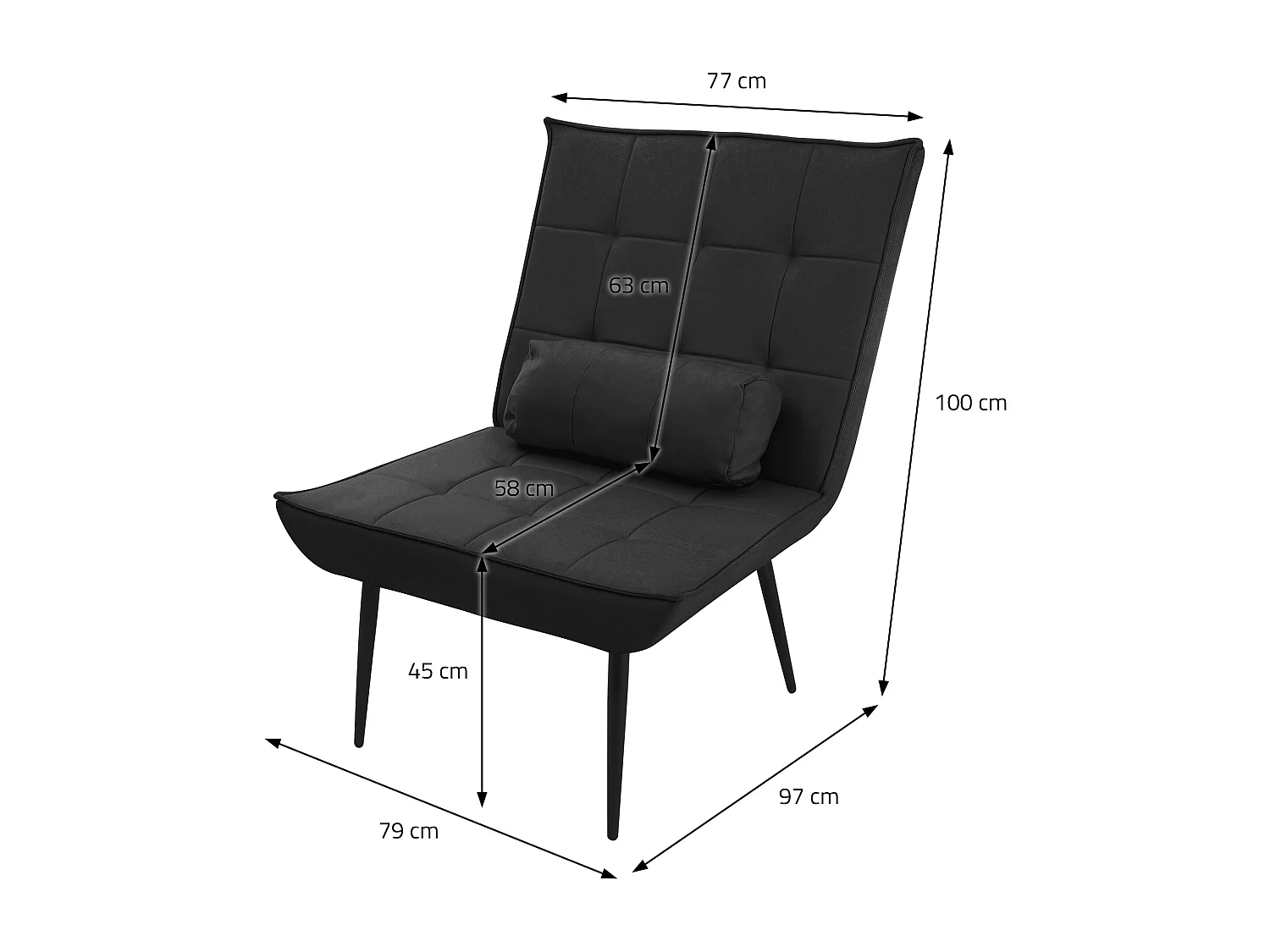 Fauteuil lounge noir avec coussin lombaire chaise rembourré design rétro pieds métalliques canapé d'accentuation individuel de relax ergonomique