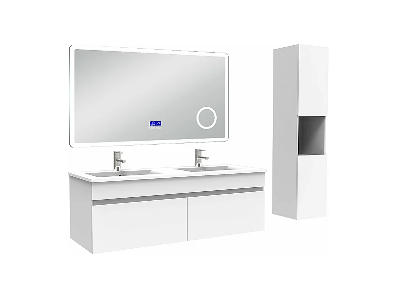 AICA Ensemble meuble Salle de Bain 120cm blanc avec colonne, double vasque et Led miroir dimmable avec 3 couleurs, Bluetooth et 3X grossissement.