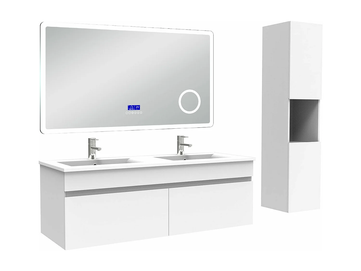 AICA Ensemble meuble Salle de Bain 120cm blanc avec colonne, double vasque et Led miroir dimmable avec 3 couleurs, Bluetooth et 3X grossissement.