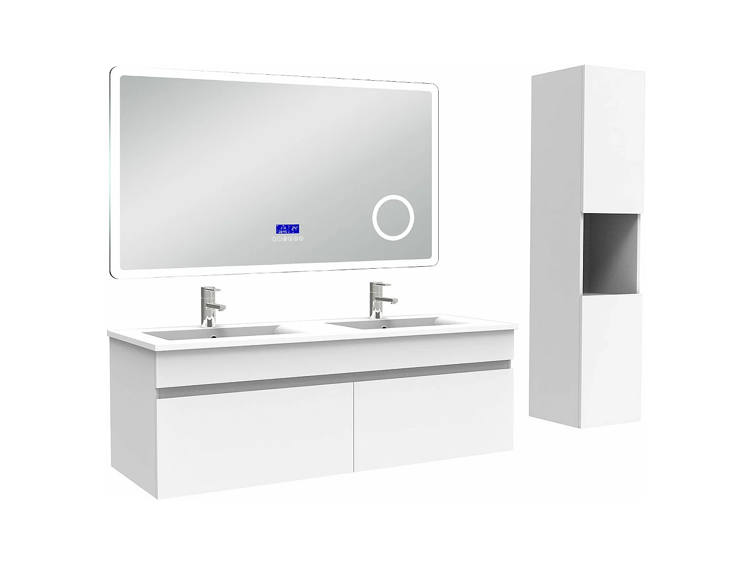 AICA Ensemble meuble Salle de Bain 120cm blanc avec colonne, double vasque et Led miroir dimmable avec 3 couleurs, Bluetooth et 3X grossissement.