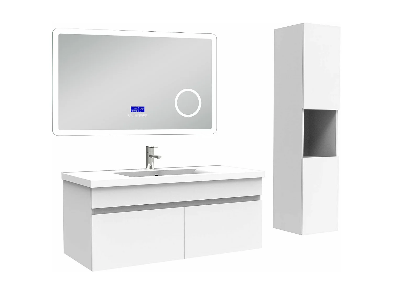 AICA Ensemble meuble Salle de Bain 100cm blanc avec colonne, simple vasque et Led miroir dimmable avec 3 couleurs, Bluetooth et 3X grossissement.