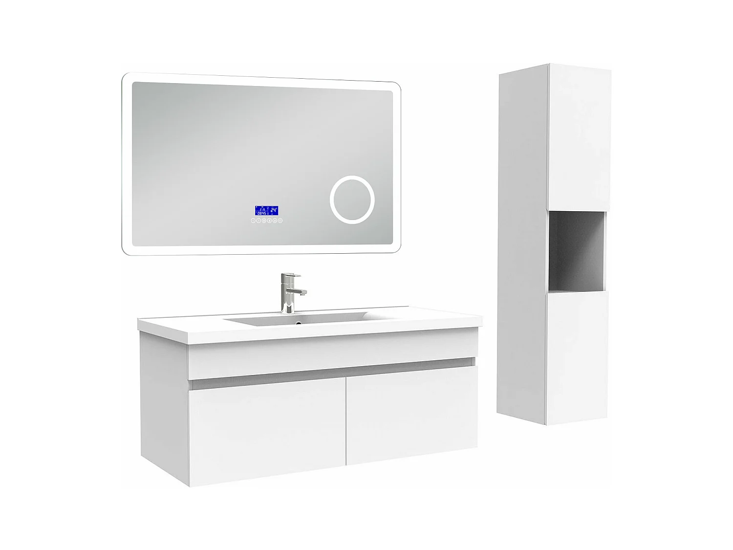 AICA Ensemble meuble Salle de Bain 100cm blanc avec colonne, simple vasque et Led miroir dimmable avec 3 couleurs, Bluetooth et 3X grossissement.